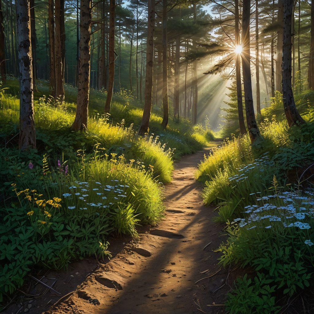A serene landscape featuring a sunlit path through a dark forest, where beams of light pierce the shadows, illuminating vibrant wildflowers along the way. In the foreground, a person joyfully walking, radiating positivity and hope. The contrast between darkness and light symbolizes the journey towards joy. evoke feelings of tranquility and inspiration. painting. vibrant colors.
