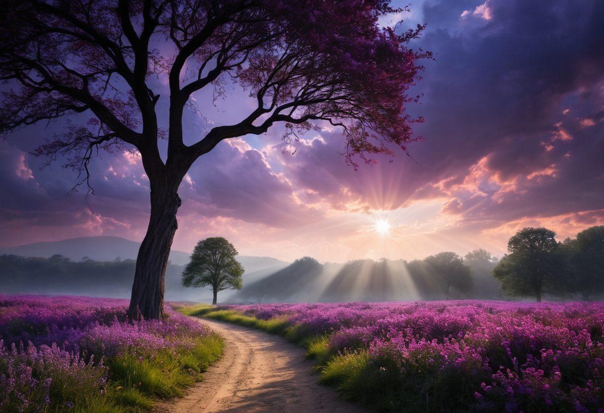 A serene landscape transitioning from darkness to light, showcasing a silhouette of a person standing amidst towering shadows of twisted trees, with a faint glow illuminating the path ahead. Scattered throughout are colorful flowers blooming defiantly in the dim surroundings, symbolizing hope. The sky should be a blend of deep blues and purples, with rays of sunlight breaking through the clouds. ethereal glow. surrealism. vibrant colors.