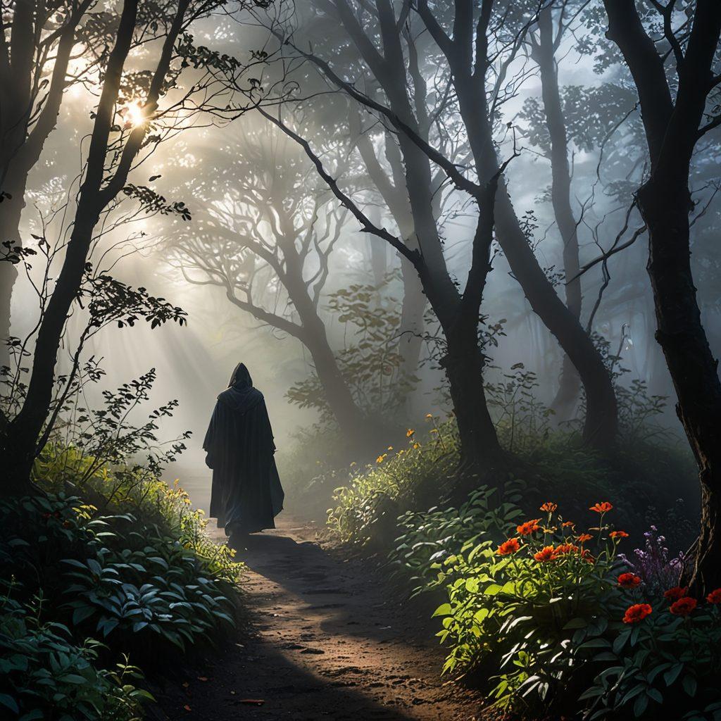 A solitary figure walking down a winding path through a dark, foggy forest, symbolizing the journey of emotional recovery. The environment transitions into lighter shades as the path progresses, hinting at hope and healing. Subtle rays of sunlight break through the trees, illuminating flowers on the sides, representing growth. The overall atmosphere should contrast gloom and optimism. super-realistic. vibrant colors. mystical ambiance.